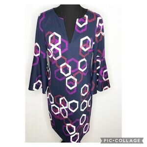 Trina Turk navy white purple geometric print bell sleeve sheath dress Medium
